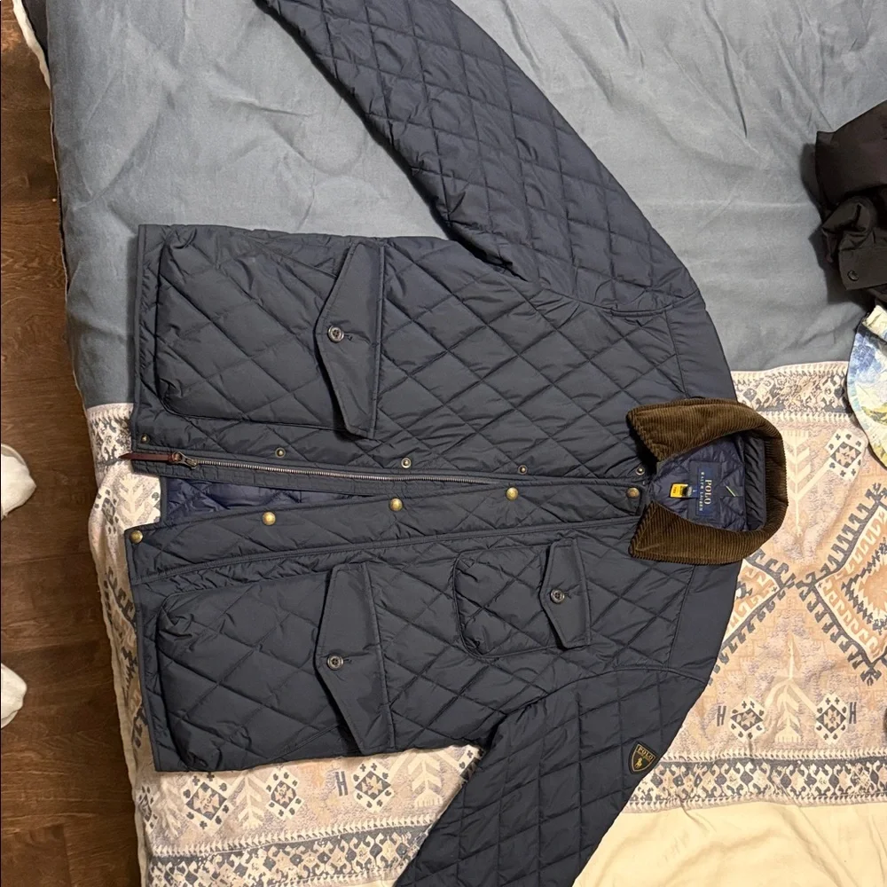 Polo Ralph Lauren Navy Quilted Jacket with Brown Collar - Picture 1 of 6